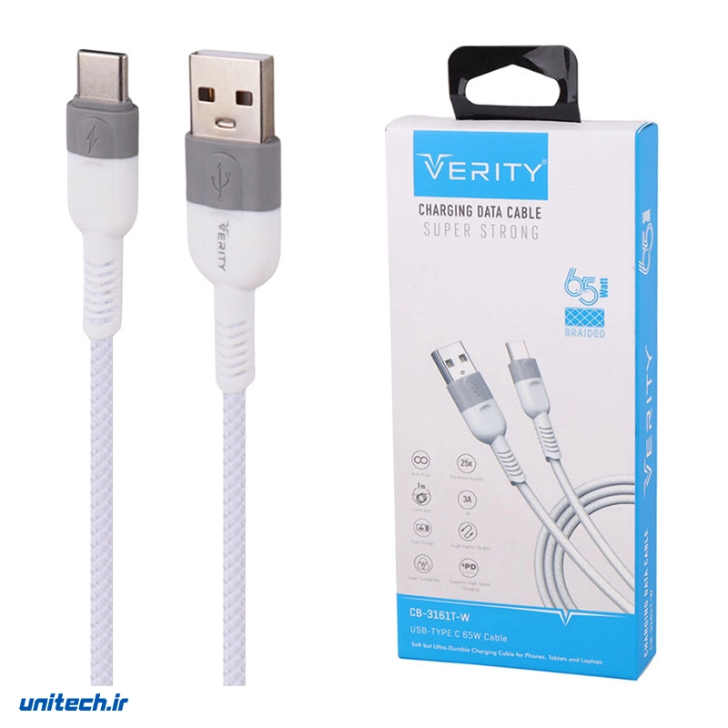 کابل تایپ سی فست شارژ 65 وات وریتی مدل CB-3161T-W طول 1 متر
