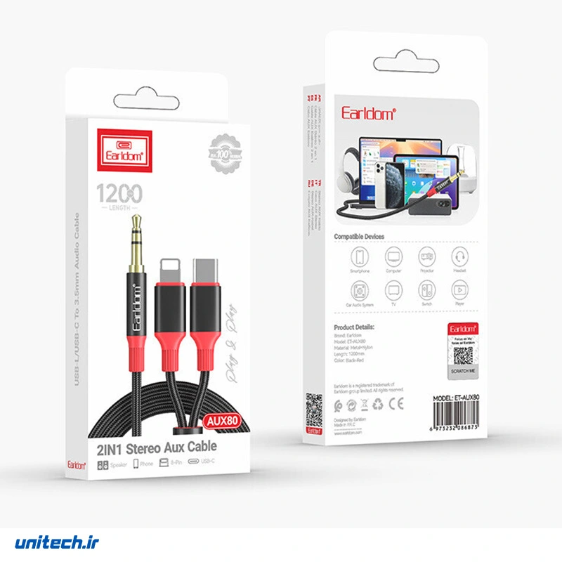 کابل تبدیل AUX به Type-C/Lightning ارلدام مدل ET-AUX80 طول 1.2 متر، تصویر 9