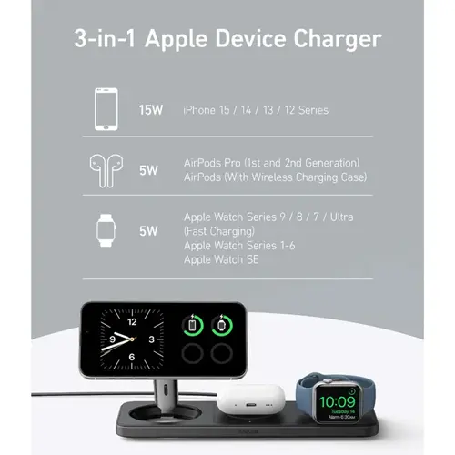 شارژر رومیزی انکر مدل MagGo Wireless Charging به همراه شارژر دیواری 40 وات انکر و کابل USB-C به طول 1.5 متر، تصویر 4