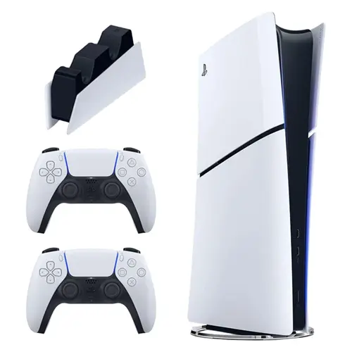 کنسول بازی سونی مدل PlayStation 5 Slim Digital Edition ظرفیت 1 ترابایت ریجن 2016B اروپا به همراه دسته اضافی و پایه شارژر