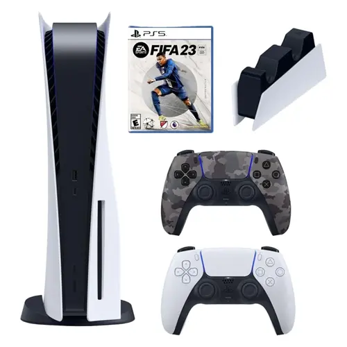 کنسول بازی سونی مدل PlayStation 5 ظرفیت 825 گیگابایت ریجن 1218 آسیا به همراه دسته اضافی و پایه شارژر و بازی FIFA 23