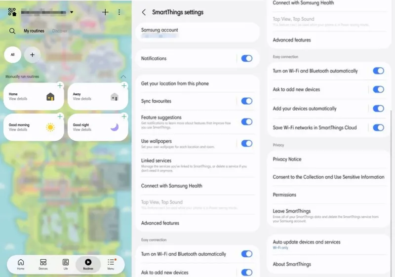 Samsung SmartThings UI Redesign Android One UI 9 September 2026 Home Routines Tab Settings