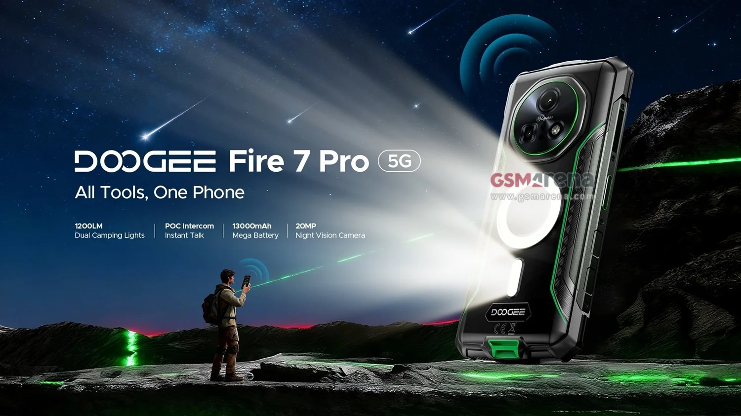 This is the Doogee Fire 7 Pro with camping lights, a 13,000 mAh battery, and POC intercom