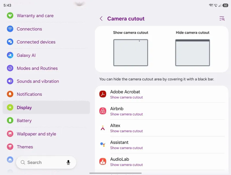 Galaxy Z Fold 8 camera cutout settings