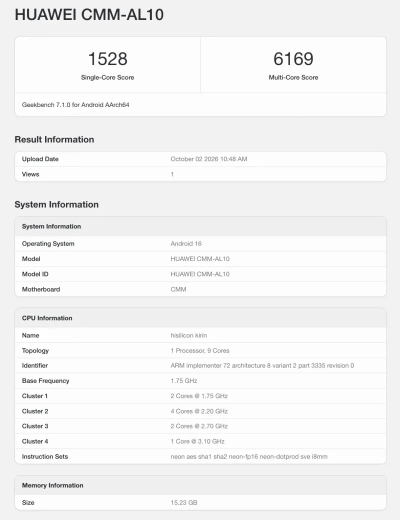 Huawei Mate 90 Pro Max on Geekbench 7