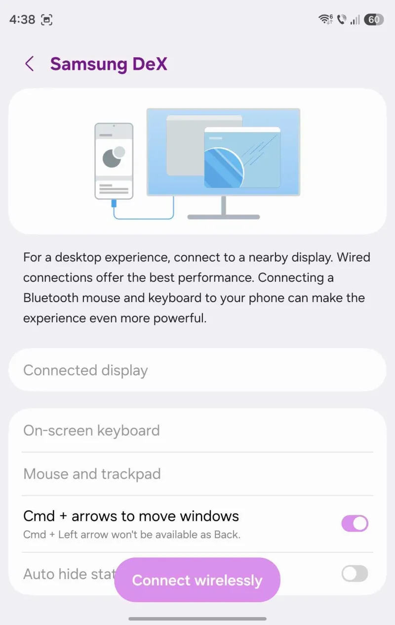Samsung DeX keyboard shortcut settings