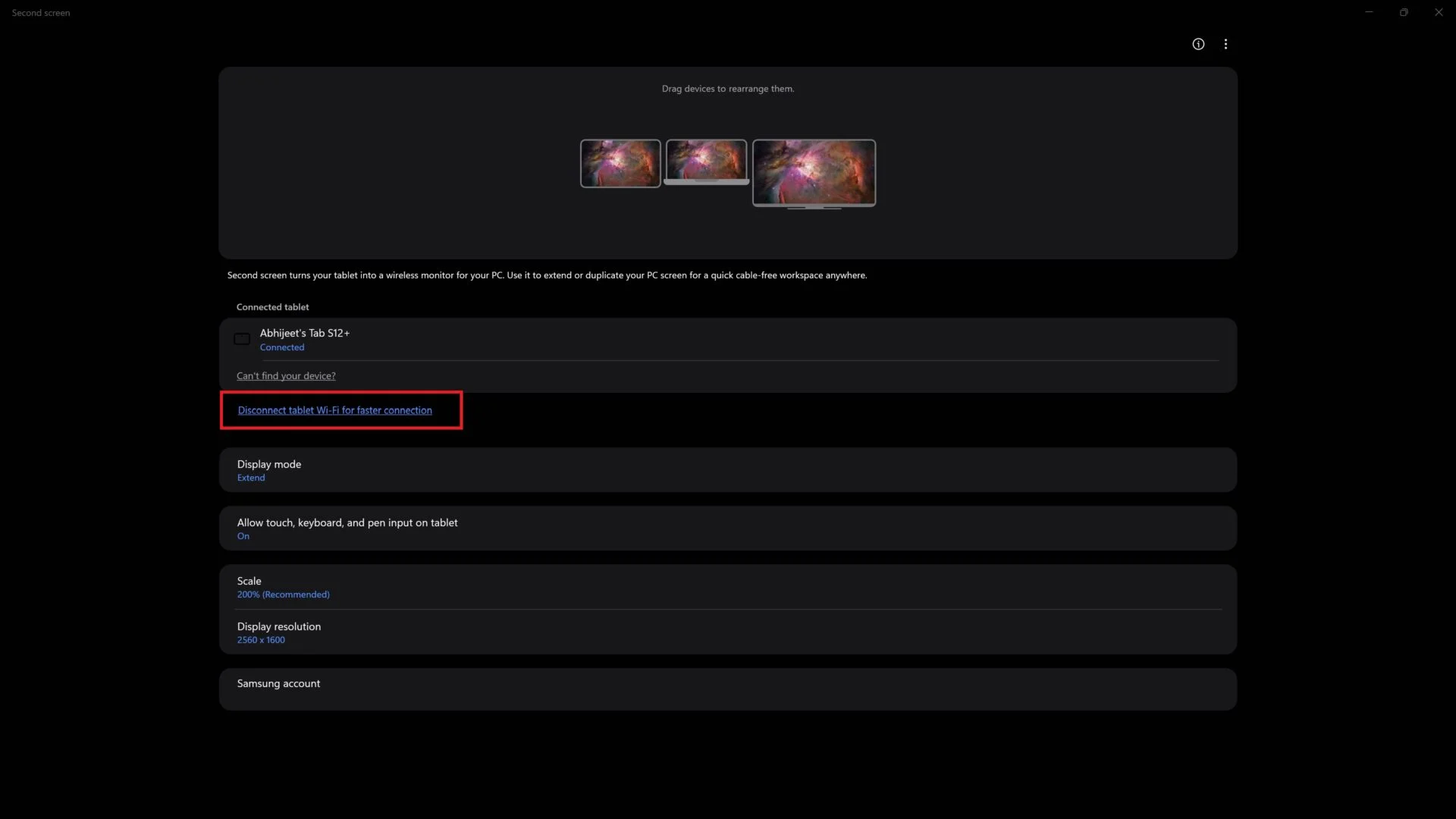 Disconnect tablet Wi-Fi for faster connection option in Samsung Second Screen