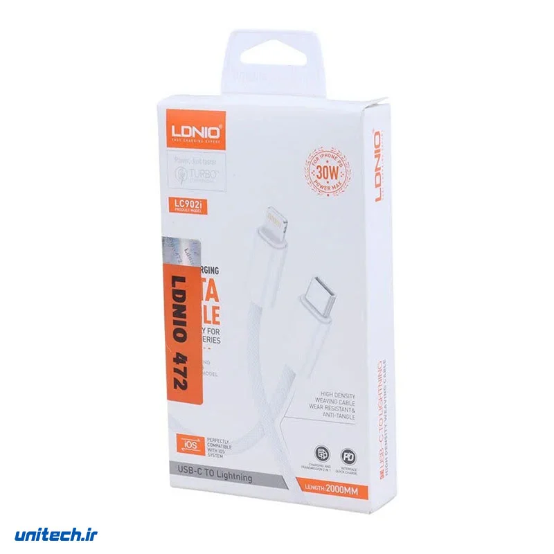 کابل تایپ سی به لایتنینگ فست شارژ 30 وات الدینیو LC902i طول 2 متر، تصویر 3