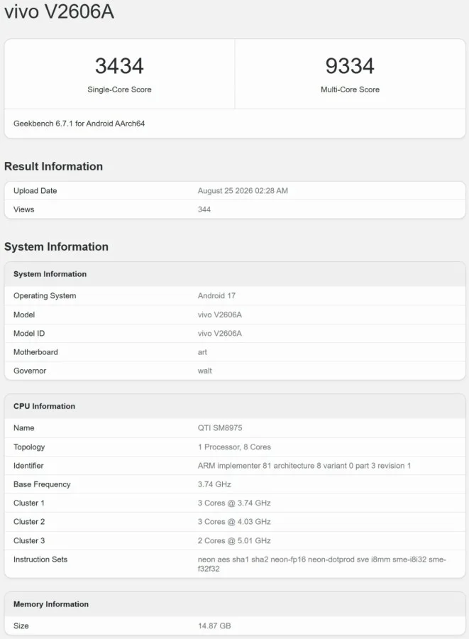 iQOO 16 on Geekbench