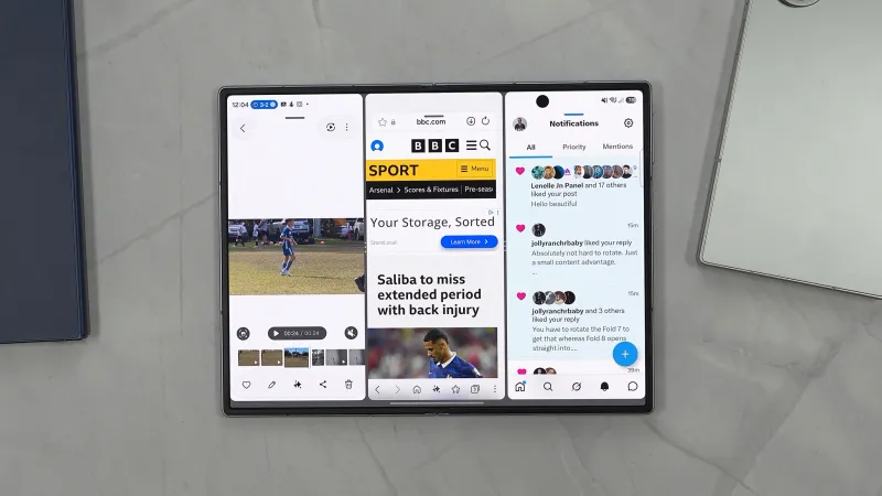 Three-app split-screen on Galaxy Z Fold 8