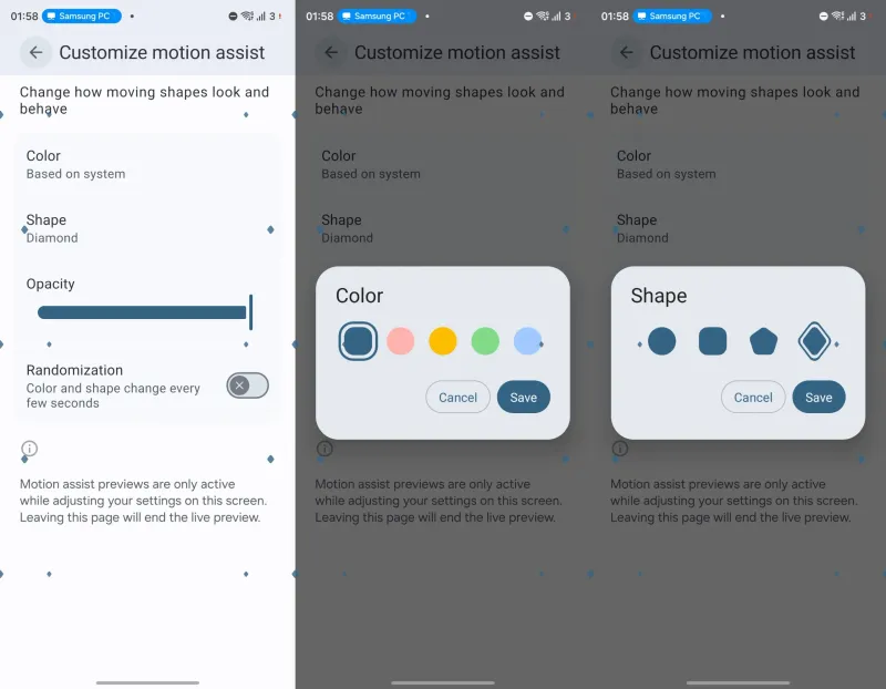 Motion Assist customization options on One UI 9
