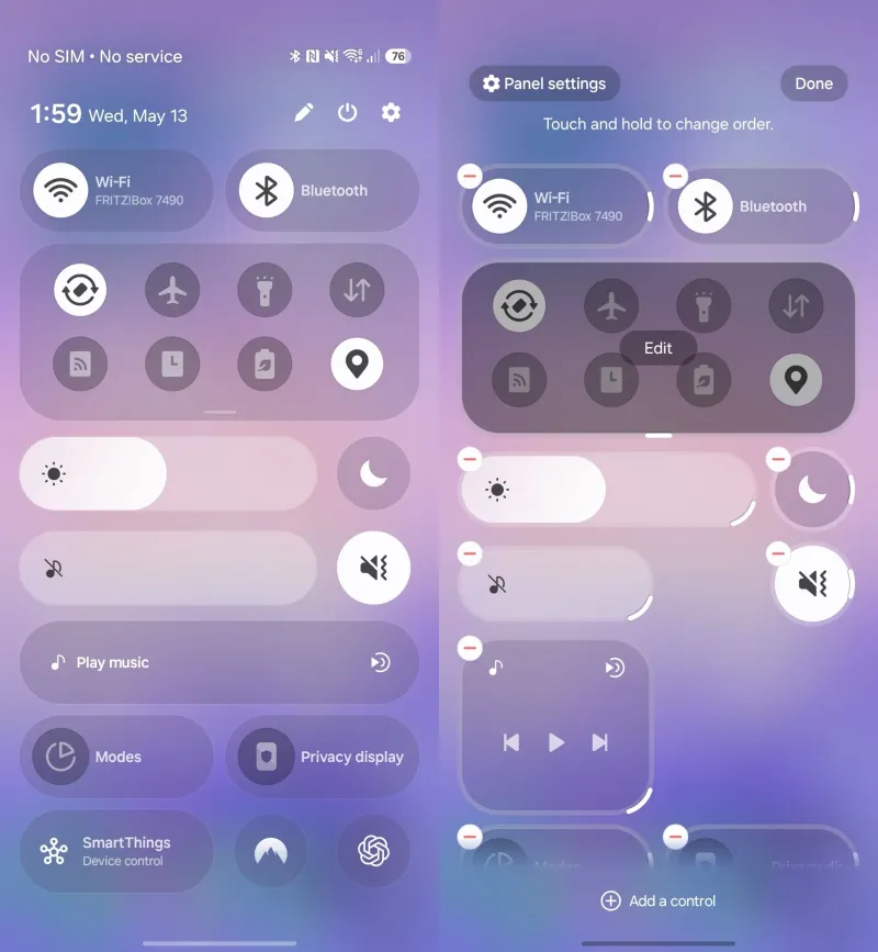 Samsung One UI 9.0 Quick Panel UI Design Size Adjustment Options