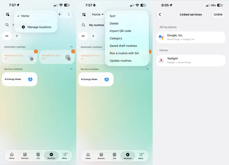 Samsung SmartThings UI Redesign September 2026 Routines Sort Linked Services