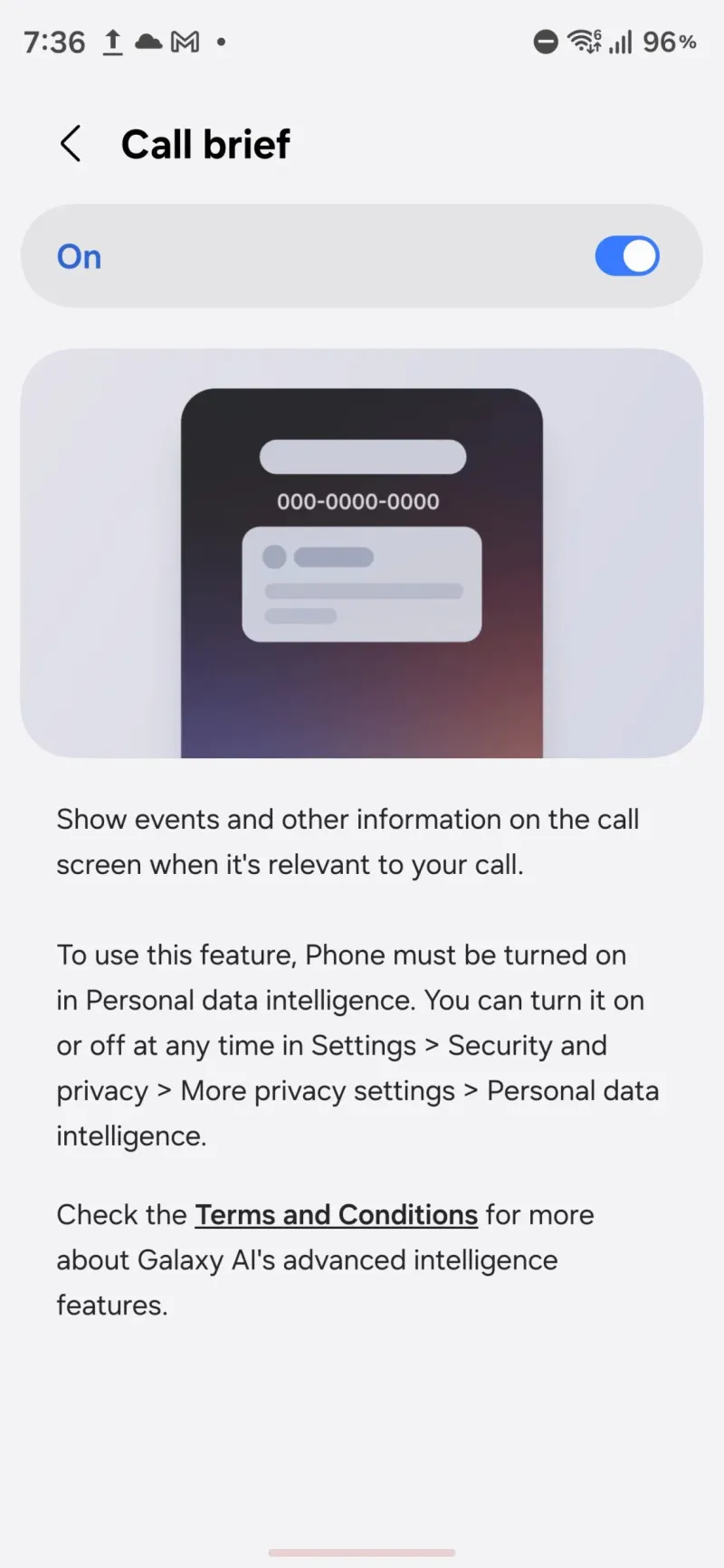 Galaxy AI Call Brief settings menu