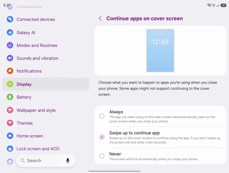 Galaxy Z Fold 8 display settings
