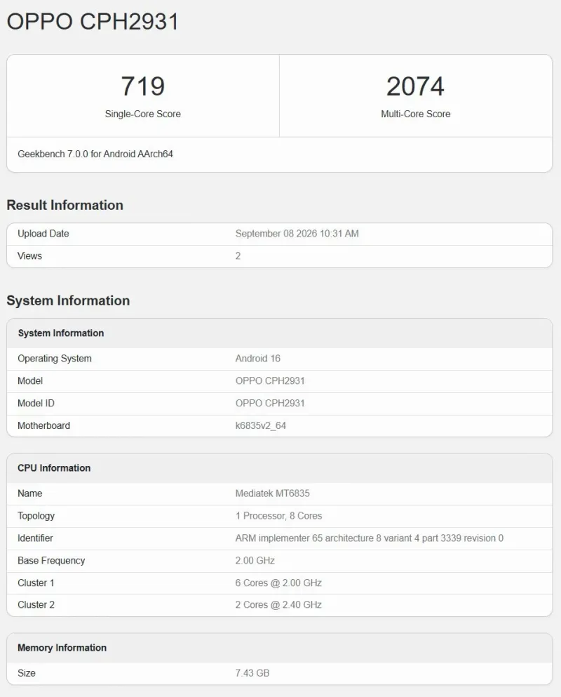 Global Oppo A7 Pro (left) and A7 Pro Max (right) on Geekbench