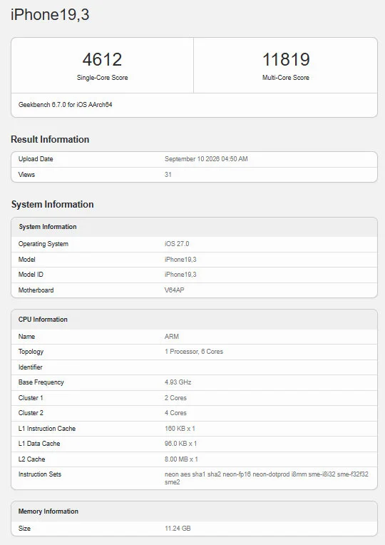 iPhone 18 Pro and iPhone 18 Pro Max on Geekbench