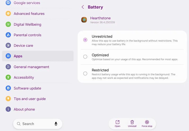 One UI app battery management