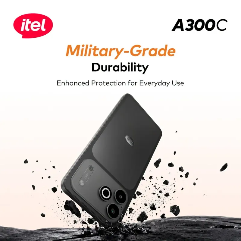 The itel A300C has a 6.56” 90Hz 720p+ LCD and a MIL-STD-810H certification