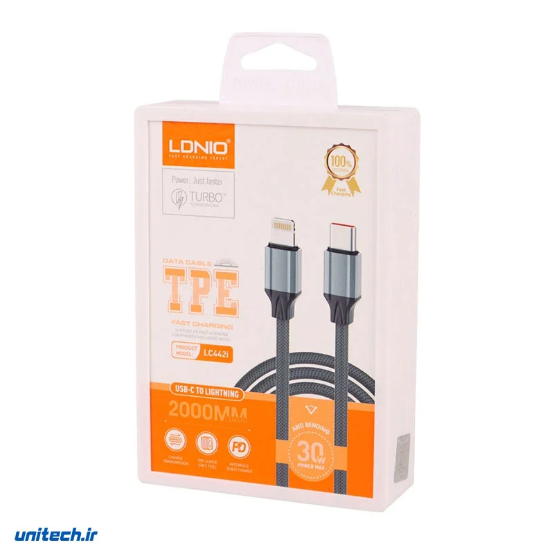 کابل تایپ سی به لایتنینگ فست شارژ 30 وات الدینیو LC442i طول 2 متر، تصویر 3